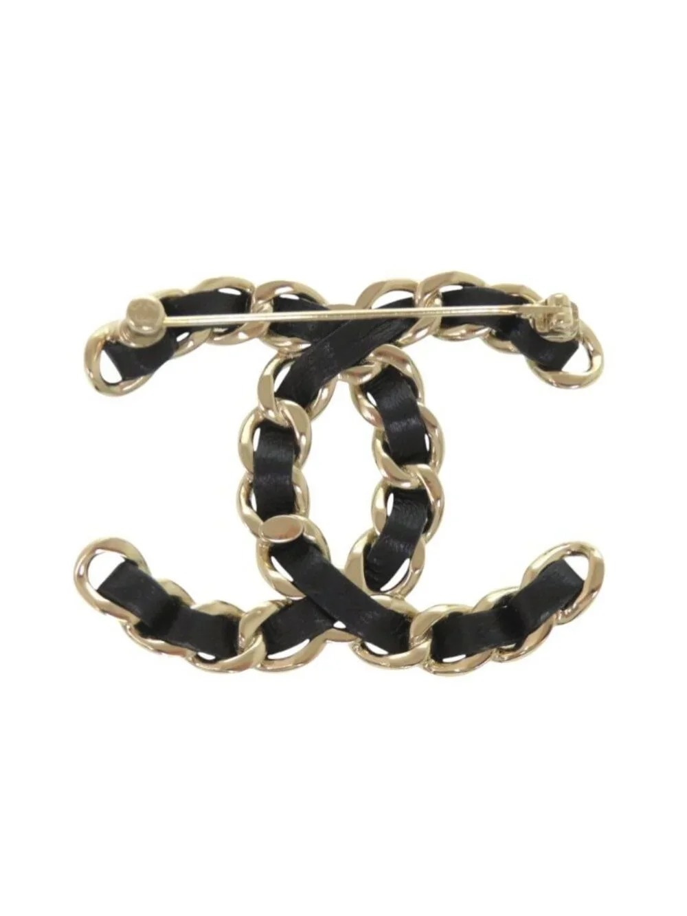 Chanel CC Logo Chain Motif Brooch Leather Black